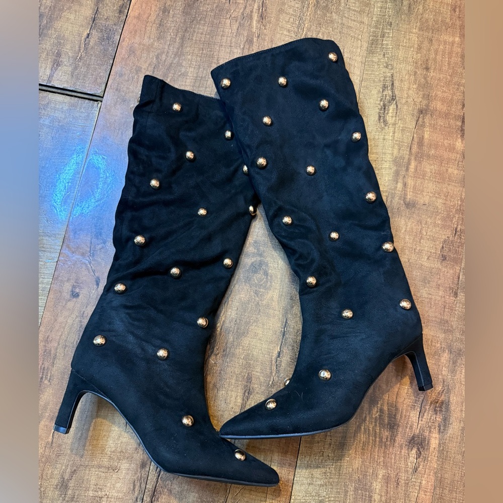 A New Day Black Gold Stud Knee High Boots Pointed Toe Heels